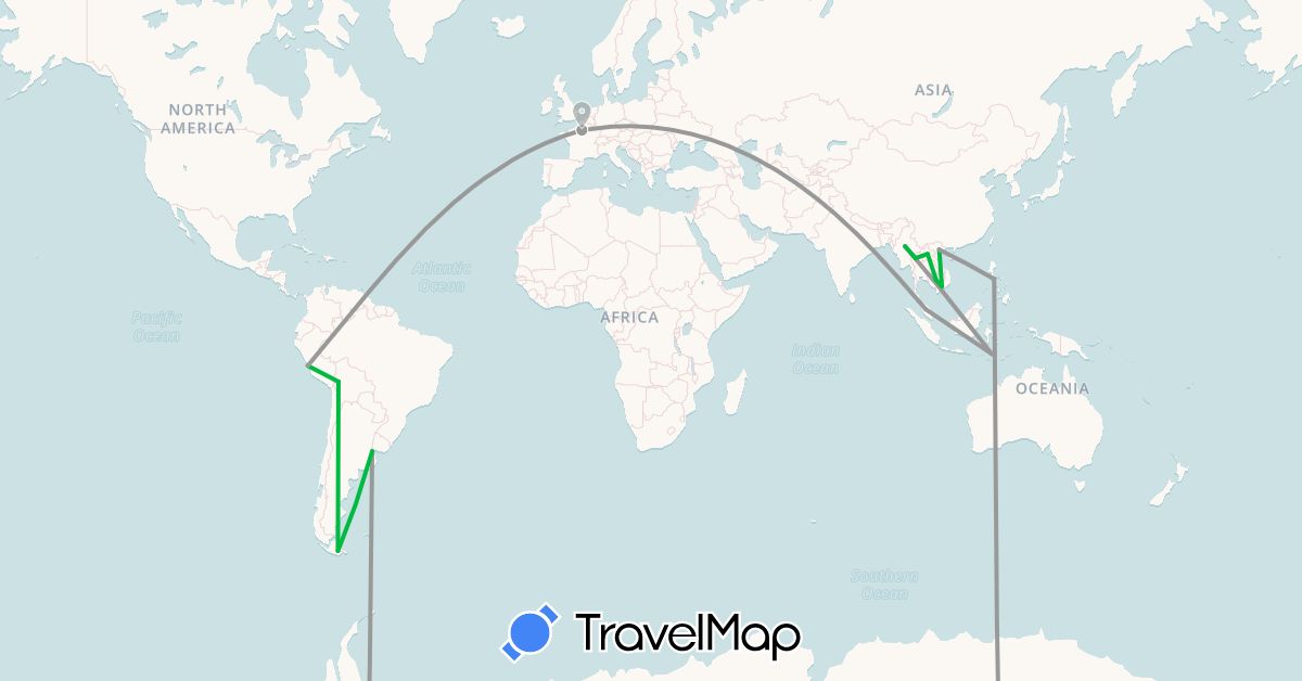 TravelMap itinerary: driving, bus, plane in Argentina, Bolivia, France, Cambodia, Myanmar (Burma), Peru, Vietnam (Asia, Europe, South America)